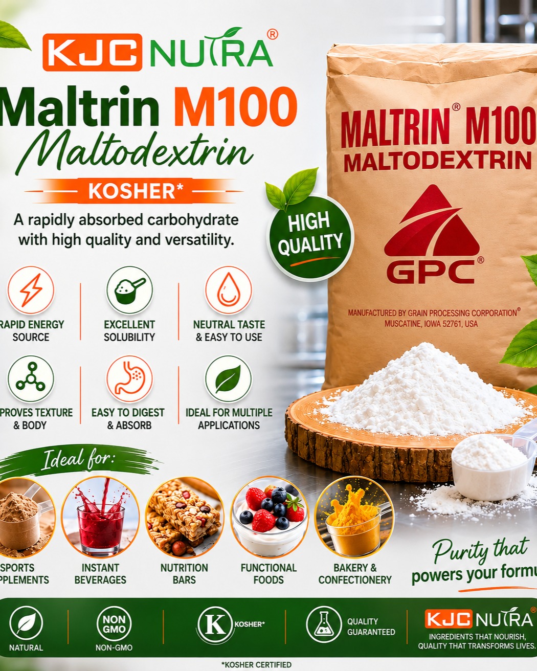 ⚡ Fuel Your Formulations with Premium Maltodextrin! ⚡

Introducing KJC Nutra Maltrin® M100 Maltodextrin — a versatile, high-quality carbohydrate designed to support a wide range of food, beverage, and nutrition applications.

✅ Rapid Energy Source
✅ Excellent Solubility
✅ Neutral Taste
✅ Easy Digestion & Absorption
✅ Improves Texture & Consistency
✅ Ideal for Multiple Applications

Perfect for:
🥤 Instant Beverages
🏋️ Sports Nutrition
🍫 Nutrition Bars
🥣 Functional Foods
🧁 Bakery & Confectionery Products

Why choose KJC Nutra?
🌿 Non-GMO
✔️ Kosher Certified
🔬 Quality Guaranteed
🌱 Trusted Ingredients for Innovative Formulations

Whether you're developing supplements, beverages, or specialty foods, Maltrin® M100 delivers the performance and consistency your products deserve.

📩 Contact us today to learn more or place your order!

#KJCNutra #Maltodextrin #MaltrinM100 #FoodIngredients #SportsNutrition #FunctionalFoods #FoodManufacturing #BakeryIngredients #BeverageIndustry #NutritionInnovation #KosherCertified #NonGMO #QualityIngredients #FoodScience #IngredientSolutions #HealthyProducts #ProductDevelopment #FoodTech #SupplementIndustry #NutritionBusiness