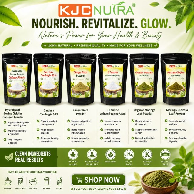 🌿✨ NOURISH. REVITALIZE. GLOW. ✨🌿
Your wellness journey starts with the right ingredients. Discover KJC Nutra's premium range of natural health supplements, carefully selected to support your beauty, vitality, and everyday wellness goals.
💚 Hydrolyzed Bovine Collagen Powder – Supports healthy skin, hair, nails & joints
⚖️ Garcinia Cambogia 60% – Supports weight management and healthy metabolism
🌱 Ginger Root Powder – Promotes digestion, immunity & overall wellness
⚡ L-Taurine – Supports energy, endurance & performance
🍃 Organic Moringa Leaf Powder – Rich in vitamins, minerals & antioxidants
🌿 Moringa Oleifera Leaf Powder – Supports immunity, digestion & daily nutrition
Why choose KJC Nutra?
✅ 100% Natural Ingredients
✅ Non-GMO
✅ No Additives or Fillers
✅ Halal & Kosher Certified
✅ Premium Quality You Can Trust
🥤 Add them to your smoothies, coffee, shakes, juices, and favorite recipes for an easy daily wellness boost.
💬 Which KJC Nutra product would you add to your routine first? Tell us in the comments!
🛒 SHOP NOW and fuel your body with nature's best.
#KJCNutra #NourishRevitalizeGlow #NaturalWellness #HealthyLiving #Superfoods #CollagenPowder #Moringa #GingerRoot #LTaurine #GarciniaCambogia #CleanIngredients #WellnessJourney #NaturalHealth #HealthyLifestyle #NutritionMatters #DailyWellness #BeautyFromWithin #HolisticHealth #ShopNatural #FeelYourBestEveryDay