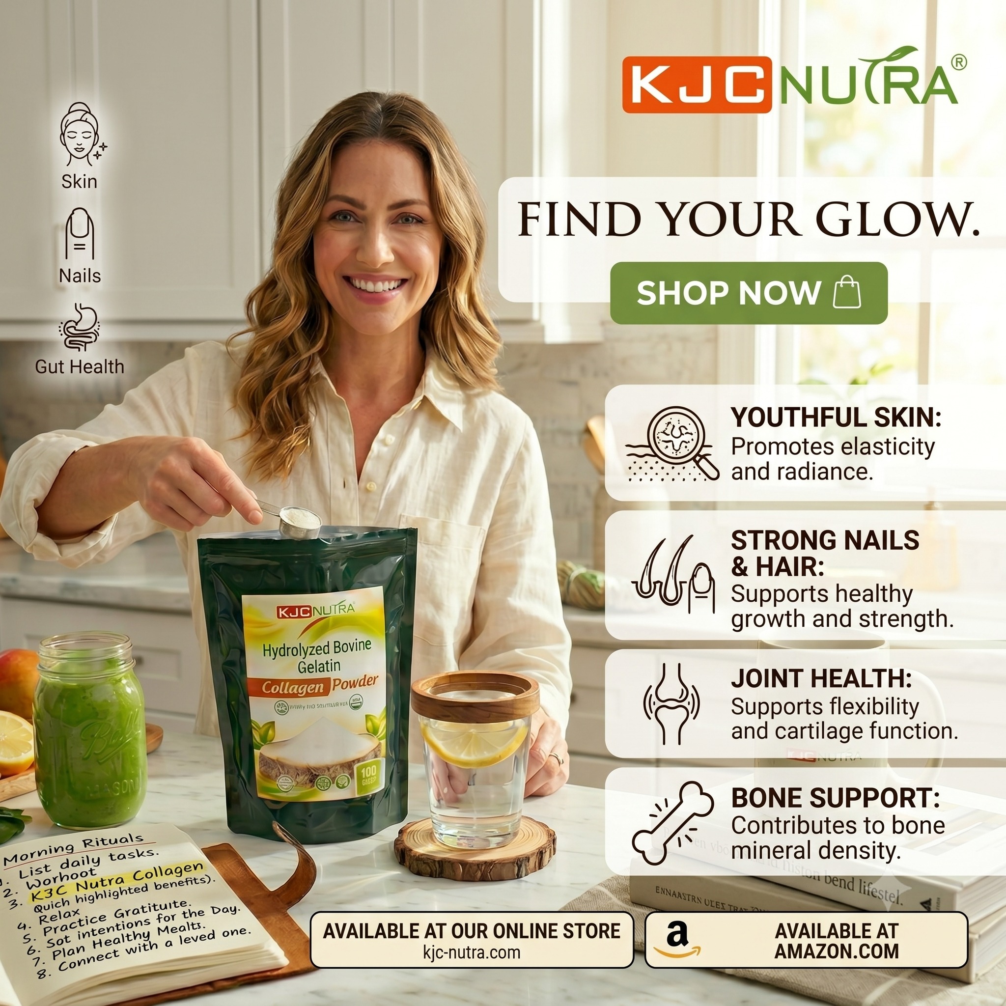 Ready to find your glow?
Unlock radiant skin, stronger hair, and healthier nails with KJC Nutra's Hydrolyzed Bovine Gelatin Collagen Powder. The easy morning ritual you didn't know you needed.
Shop now at the link in our bio!
#KJCNutra #CollagenBenefits #BeautyFromWithin #FindYourGlow #SkinCareRoutine #StrongHair #StrongNails #WellnessJourney